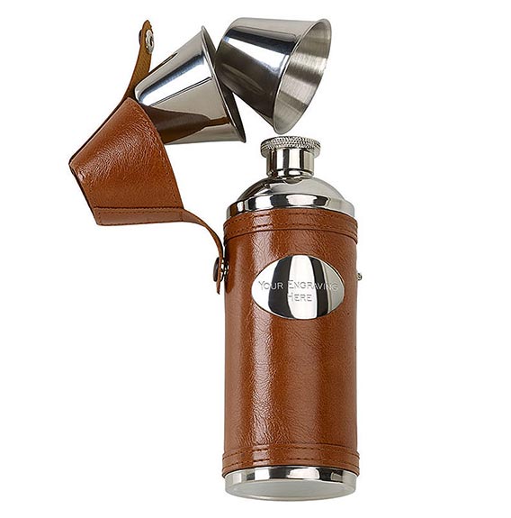 Stainless Steel Brown PU Vision Woodsman Flask 8oz